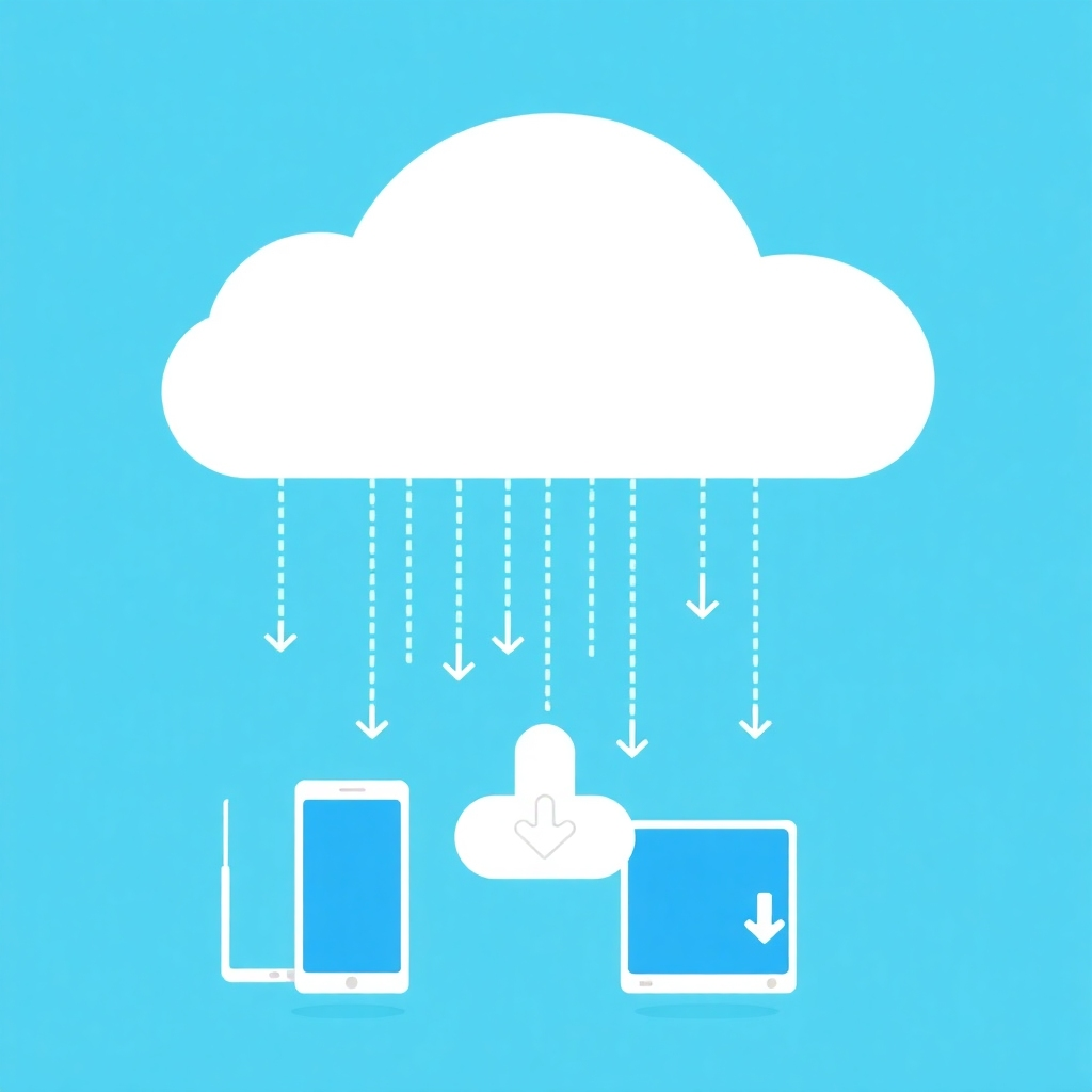 A stylized image of data flowing down from a cloud into various devices, representing downloads. Use a clean and modern design with blues and greens. Technical specifications: High resolution, vector illustration.