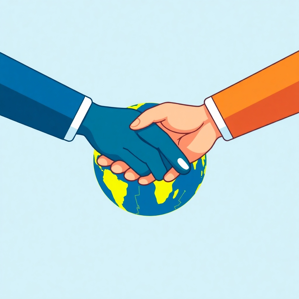 A stylized vector illustration showing two hands shaking over a globe made of circuits, symbolizing partnership and global reach. Use a vibrant color palette with blues, greens, and yellows. The background is a clean, minimalist design. Technical specifications: High resolution, vector illustration.